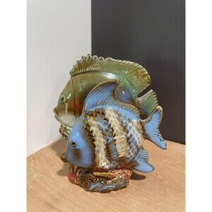 Two Tropical Fish Glazed Blue Green Ceramic Figurine Sculpture Cute Faces